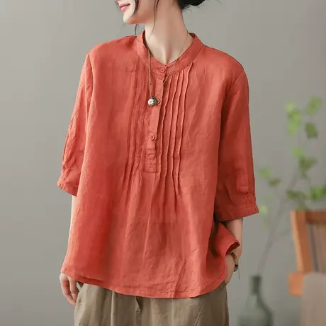dza 复古苎麻女士衬衫2023夏季薄款立领衬衣气质百搭棉麻套头上衣图片