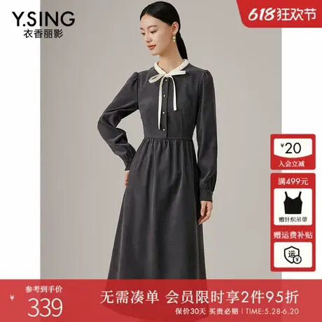 衣香丽影灰色灯芯绒蝴蝶结连衣裙女2024年秋装新款韩系氛围感裙子图片