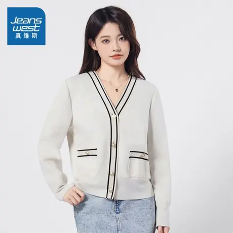 G8真维斯女装早春衣服2025春季新款时髦拼色宽松V领开衫长袖外套图片
