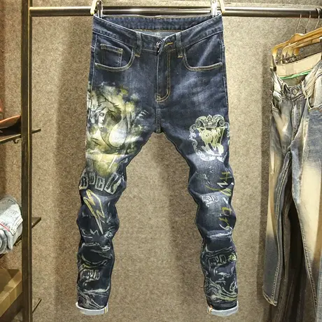 秋冬款高级烫印牛仔裤男款修身小脚弹力长裤欧美潮牌印花男装裤子商品大图