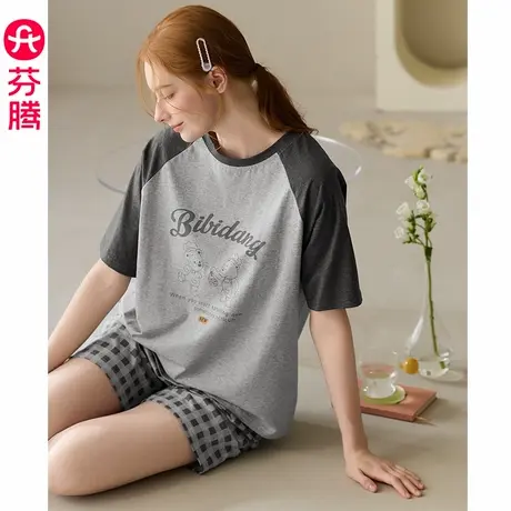 芬腾女士纯棉睡衣夏季薄款短袖短裤套装女款休闲大码可外穿家居服商品大图