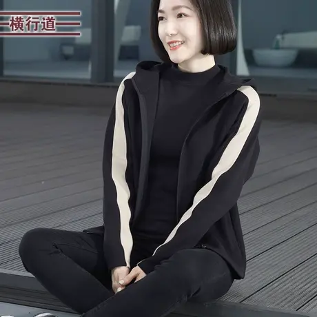 2023新款冬装连帽撞色宽松长袖外套女装胖MM大码妈妈纯色韩版上衣商品大图