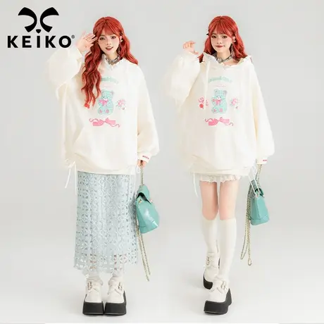 KEIKO 甜系小熊印花连帽卫衣女2024秋季奶系穿搭慵懒风宽松外套图片