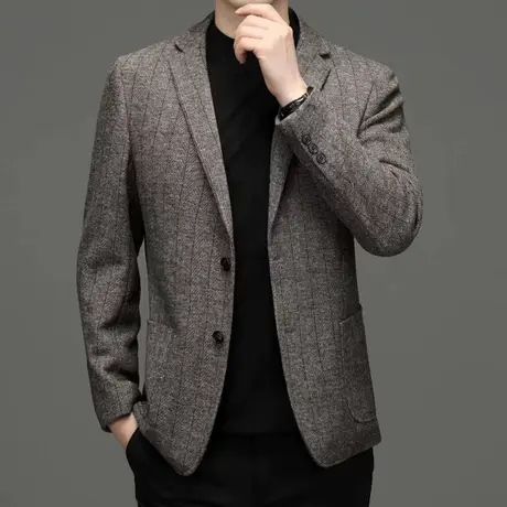 秋冬季男士羊毛呢西服外套上衣修身商务休闲复古单件中年人小西装商品大图