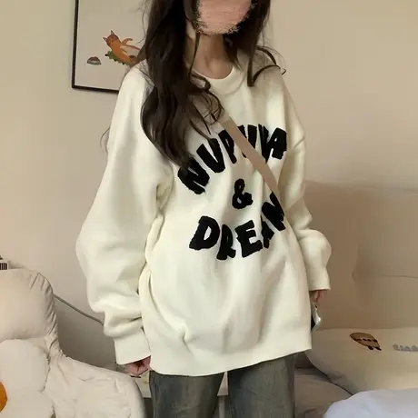 美式复古高街潮牌圆领卫衣女2025春秋款oversize薄款慵懒加绒上衣图片