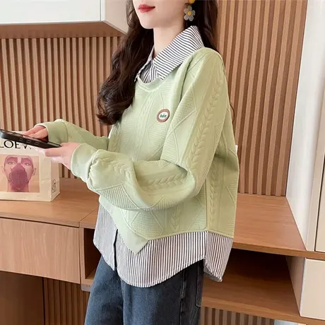 早秋衬衫领卫衣女2025新款春秋韩版宽松薄款初中生假两件上衣外套商品大图