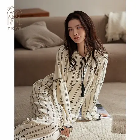 妮狄娅秋季睡衣女纯棉绉纱长袖宽松套头衫春秋季水墨风家居服套装商品大图