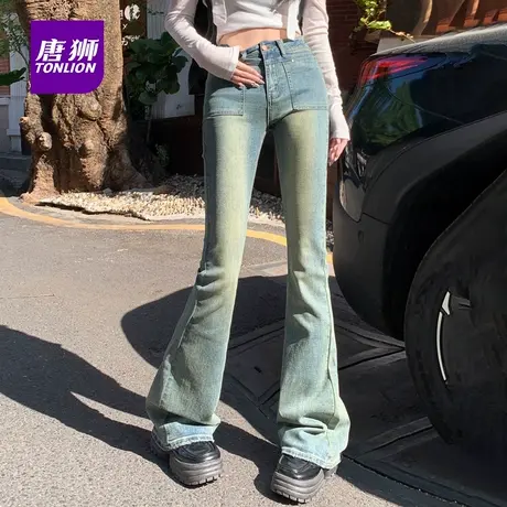 唐狮辣妹复古显瘦牛仔裤女秋季小众长裤微喇叭直筒拖地裤浅色裤AX商品大图