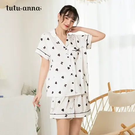 tutuanna家居服套装 女 black甜酷系列爱心满印短袖短裤上下套商品大图