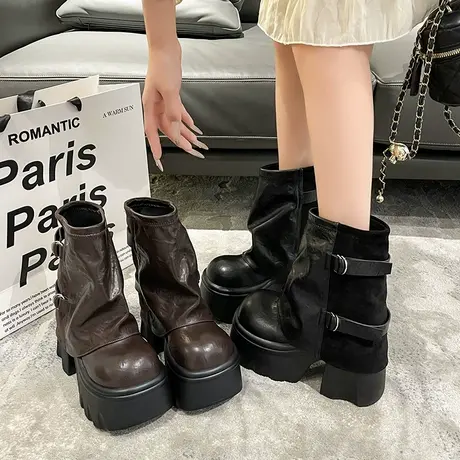 粗跟增高短靴女2025年新款秋季小个子显瘦气质靴子时尚百搭裤管靴图片