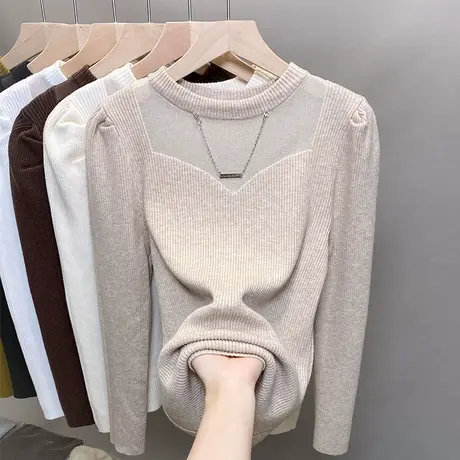 圆领毛衣女打底衫2023秋冬新款套头外穿蕾丝针织衫加厚内搭上衣潮商品大图