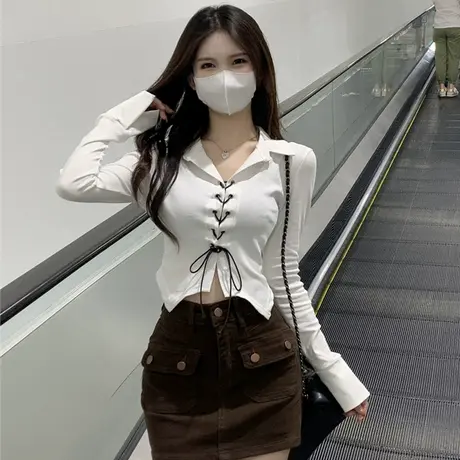 设计感系带正肩Polo领衬衫女春秋大码胖mm显瘦洋气假两件短款上衣商品大图