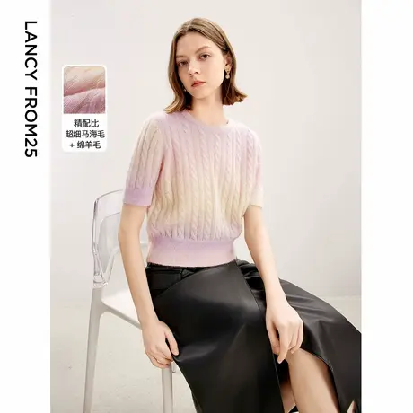 朗姿羊毛马海毛短袖上衣毛衣女2024年秋季新款气质高级感毛针织衫商品大图