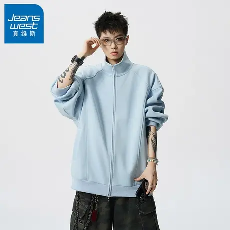 N5真维斯男士开衫卫衣2025新款秋季美式宽松高领拼接男生春秋外套商品大图