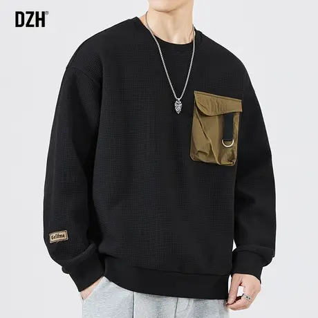 男士黑色无帽华夫格卫衣男潮牌痞帅秋季圆领上衣2023新款休闲外套图片