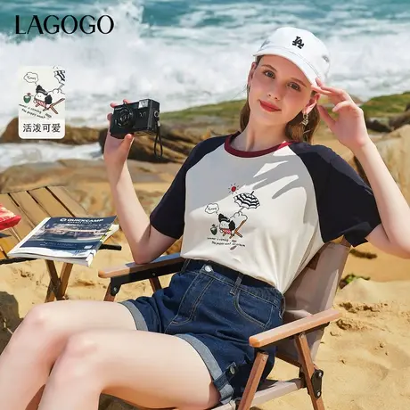 【卷卷狗系列】LAGOGO纯棉卡通印花t恤女拉谷谷夏款撞色短袖上衣商品大图
