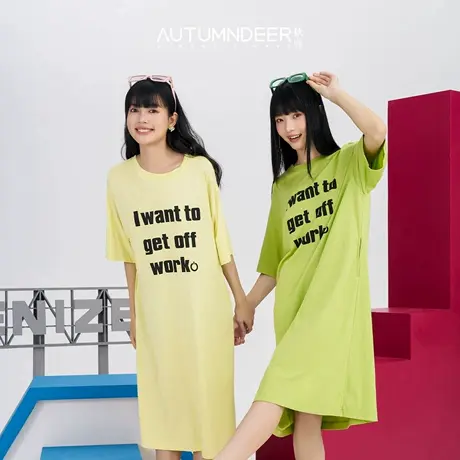 秋鹿旗下子品牌【jenize】睡裙女生单面布圆领短袖女裙家居服薄款商品大图
