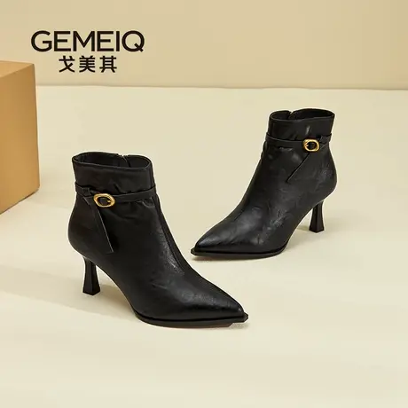 戈美其2025新款尖头短靴女细跟高跟鞋气质百搭时装靴侧拉链女靴子图片