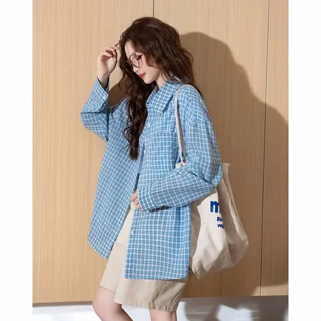 唐狮春季新款女衬衫长袖休闲翻领清新格纹长款超好看蓝色宽松TM图片