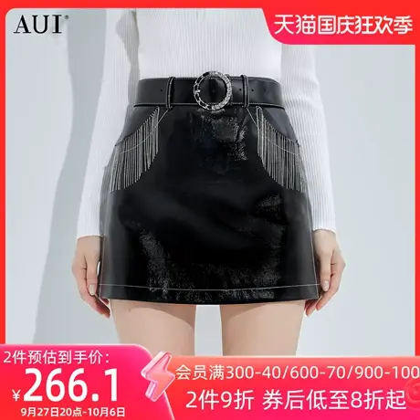 AUI黑色减龄百搭a字半身裙女2023秋冬新款小众设计收腰显瘦小皮裙图片