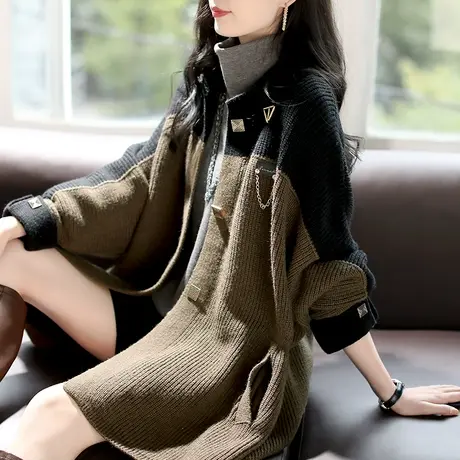 宝诗黎秋季针织开衫外套女中长款收腰毛衣2023年新款宽松口袋上衣商品大图