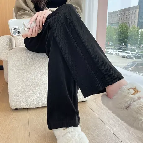 黑色窄版阔腿裤女秋冬2023新款高腰宽松显瘦直筒加厚雪尼尔休闲裤图片