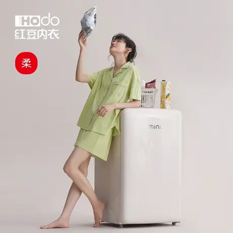 红豆女士夏季睡衣薄款棉质短袖带胸垫可外穿2023新款家居服套装女商品大图