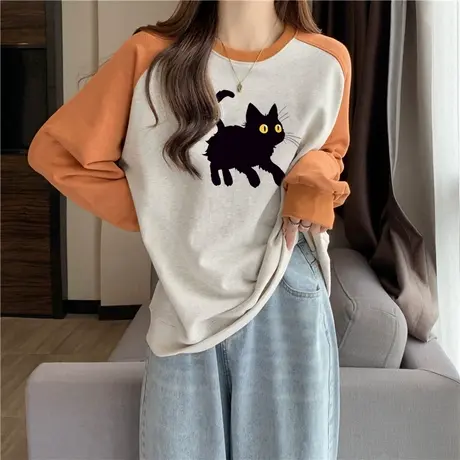 isn超火无帽插肩长袖卫衣女秋冬宽松加绒加厚撞色潮牌上衣cec外套商品大图