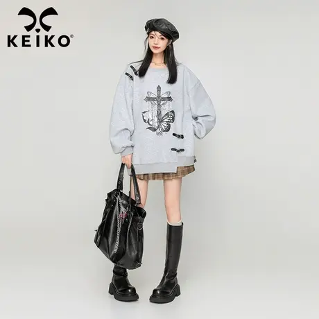 KEIKO [加密绒]慵懒风灰色圆领卫衣2023秋冬设计感皮扣饰加厚外套商品大图