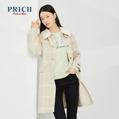 PRICH【直播专享】冬羊毛混纺中长款格子毛领设计感百搭毛呢外套商品大图