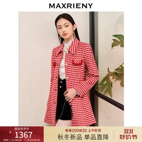 MAXRIENY英伦千金复古感格纹收腰大衣2023冬季新款羊毛保暖外套女图片