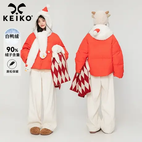 KEIKO 圣诞系列雪人连帽羽绒服23冬季设计感小个子白鸭绒短款外套商品大图