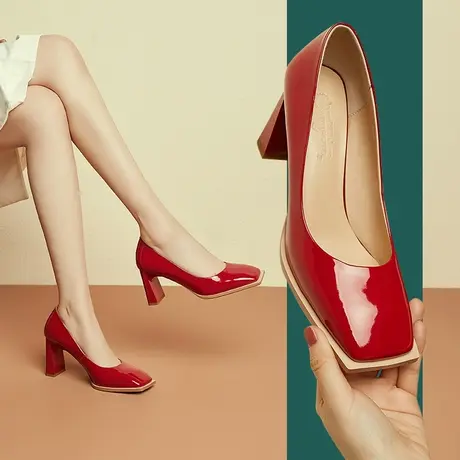 粗跟单鞋女新款夏季真皮透气浅口气质红色方头高跟单鞋玛丽珍商品大图