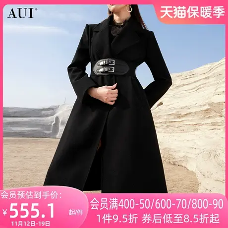 AUI黑色御姐气质收腰毛呢外套女2023年冬新款欧洲站修身呢子大衣图片