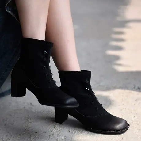 Artmu阿木【断码清仓】铆钉瘦瘦靴短靴粗中跟短筒弹力靴子时尚潮商品大图