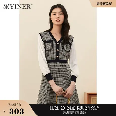 YINER音儿女装秋季拼接格纹V领连衣裙图片