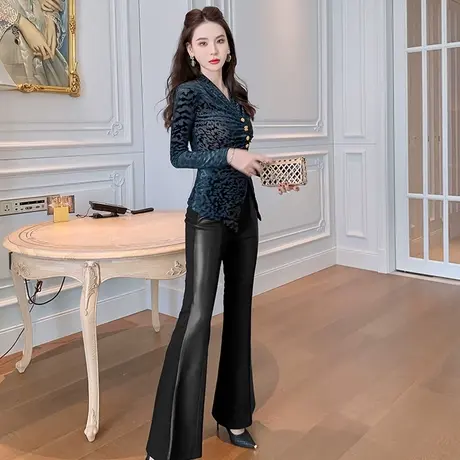 新款小众高腰显瘦长裤子2023女PU皮拼接西装休闲喇叭裤修身显腿长商品大图