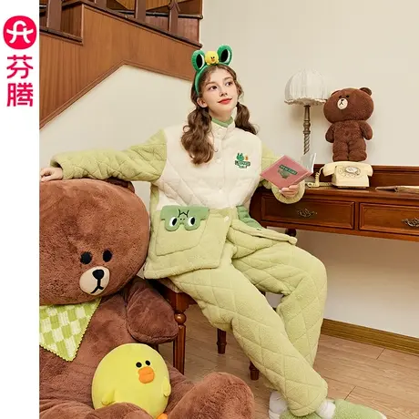 芬腾布朗熊睡衣女珊瑚绒夹棉加厚保暖三层法兰绒抗静电家居服套装商品大图