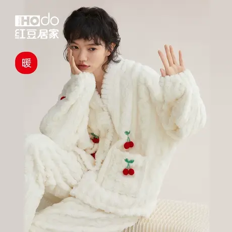 红豆居家珊瑚绒樱桃睡衣女冬季可外穿可爱少女加厚冬款家居服套装图片