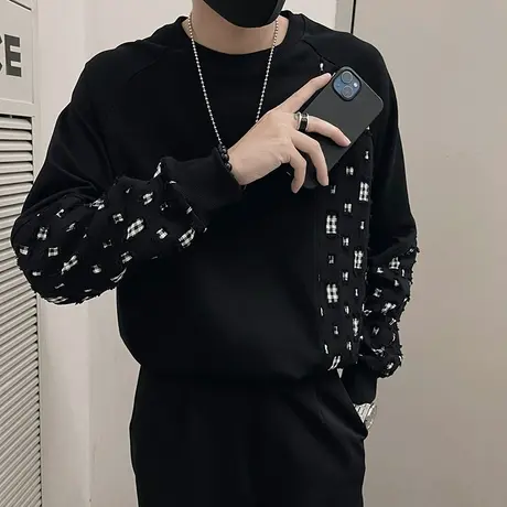 春秋季设计感复古破洞拼接卫衣男重磅长袖t恤衫休闲痞帅穿搭上衣商品大图