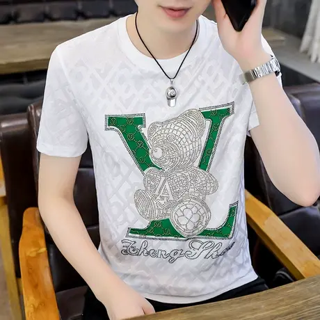 潮牌欧货烫钻小熊短袖t恤男式夏装薄款桑蚕丝高端冰丝体恤衫上衣商品大图