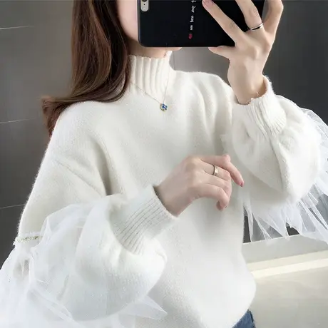 毛衣女2023春装新款韩版宽松半高领套头长袖纯色蕾丝拼接针织打底商品大图