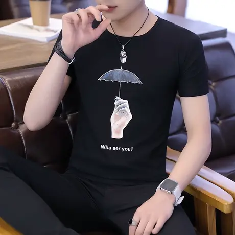 2025新款夏季男士短袖T恤圆领棉感韩版帅气潮流男装半袖体恤衫丅商品大图