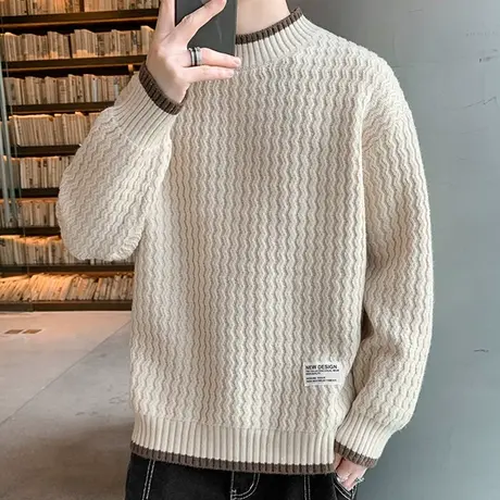 波浪纹毛衣男秋冬款潮牌毛衫衣服假两件线衣内搭宽松半高领针织衫商品大图