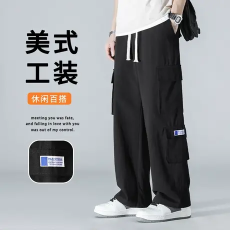 纯棉工装裤男夏季美式宽松直筒九分裤子男士潮牌高街多口袋休闲裤商品大图