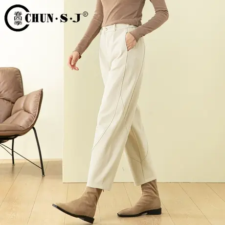 杏色毛呢裤女小个子裤子九分裤秋冬季2023新款松紧高腰锥形萝卜裤商品大图