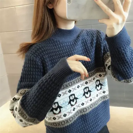 复古企鹅外穿毛衣女秋冬加厚新款宽松上衣日系慵懒半高领2023韩版商品大图