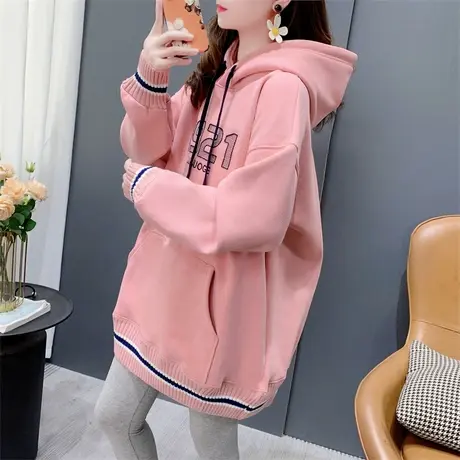 加绒加厚连帽卫衣女中长款2023新款秋冬宽松慵懒风高级感上衣外套图片