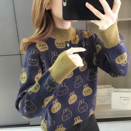 秋冬季新款半高领毛衣女加厚打底衫宽松上衣学院风卡通套头针织衫商品大图