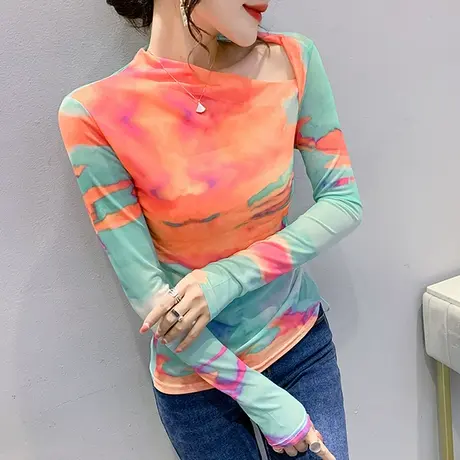 2024春秋新款扎染打底衫女长袖设计感露锁骨T恤欧货紧身网纱上衣商品大图